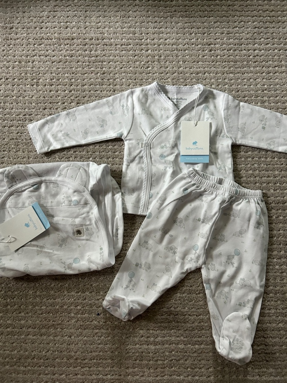 BabyCottons Neutral Footed Two-Piece Set with Bag - White with Pale Blue Prints